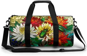 Beetles Scarabs And Flowers Travel Gym Bag for Women Men Floral Stainless Glass Cylindrical Duffle Bag Sport Workout Bag with Shoulder Strap