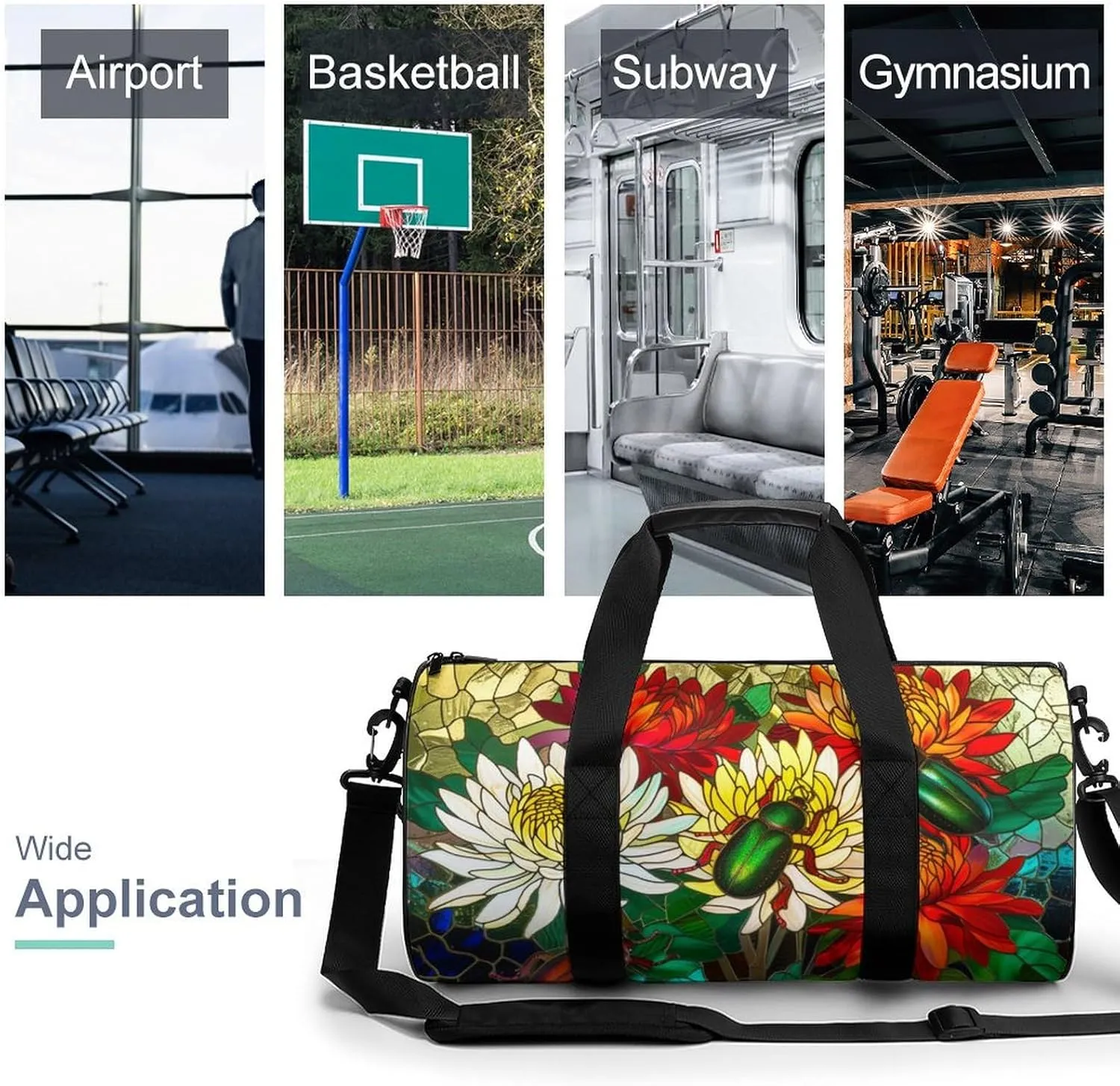 Beetles Scarabs And Flowers Travel Gym Bag for Women Men Floral Stainless Glass Cylindrical Duffle Bag Sport Workout Bag with Shoulder Strap
