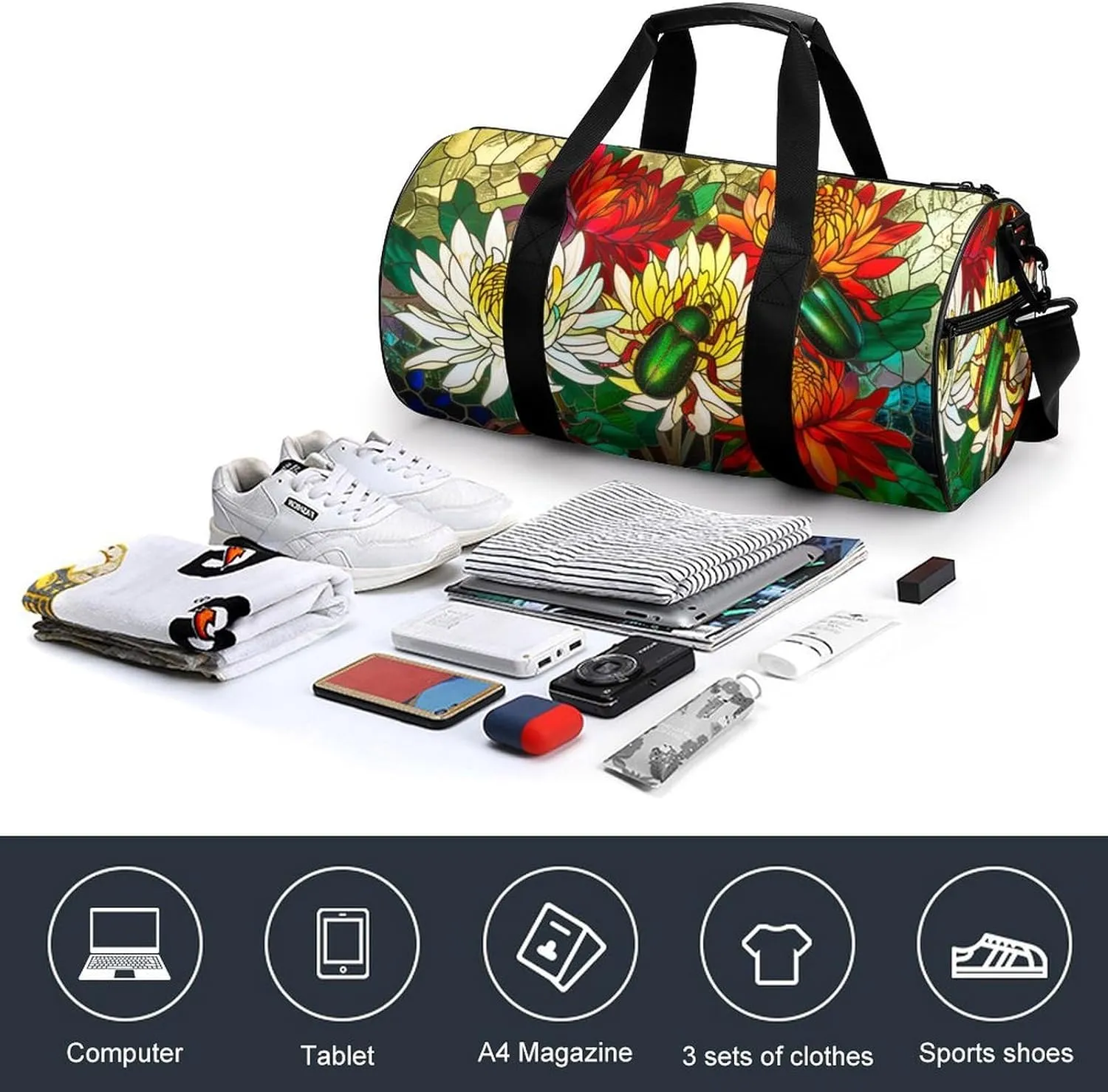 Beetles Scarabs And Flowers Travel Gym Bag for Women Men Floral Stainless Glass Cylindrical Duffle Bag Sport Workout Bag with Shoulder Strap