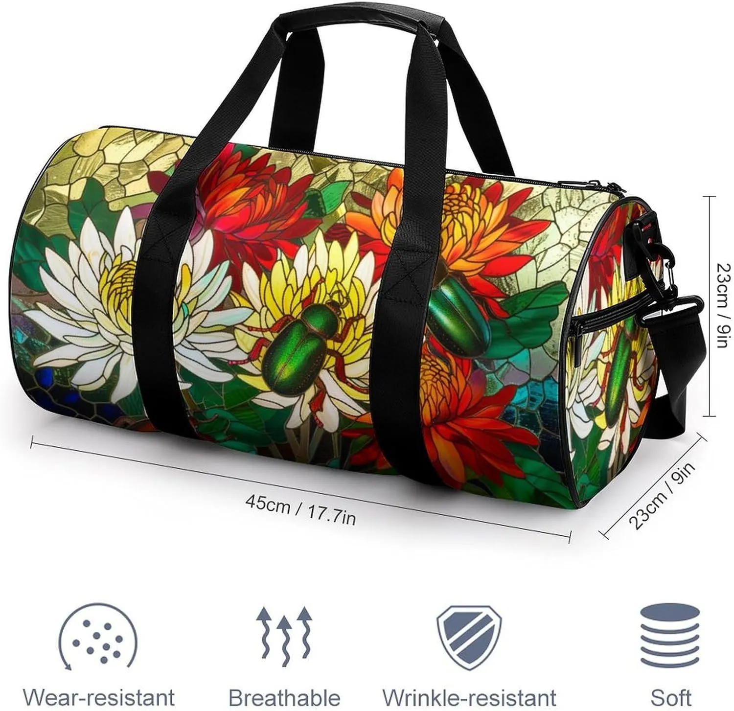 Beetles Scarabs And Flowers Travel Gym Bag for Women Men Floral Stainless Glass Cylindrical Duffle Bag Sport Workout Bag with Shoulder Strap