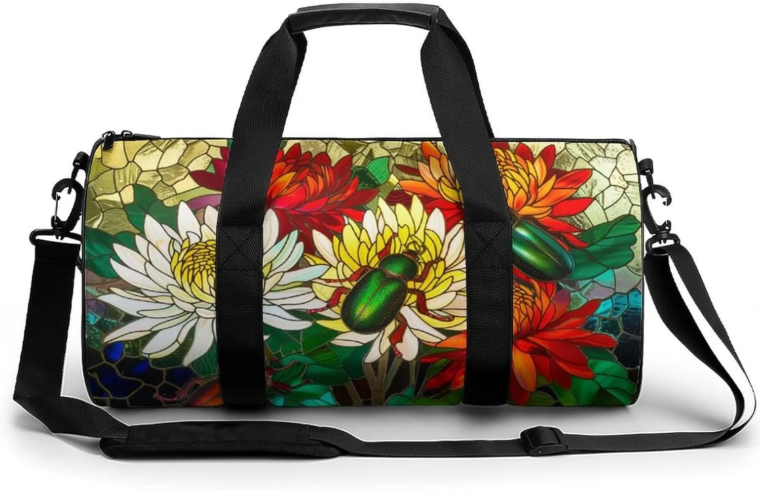 Beetles Scarabs And Flowers Travel Gym Bag for Women Men Floral Stainless Glass Cylindrical Duffle Bag Sport Workout Bag with Shoulder Strap