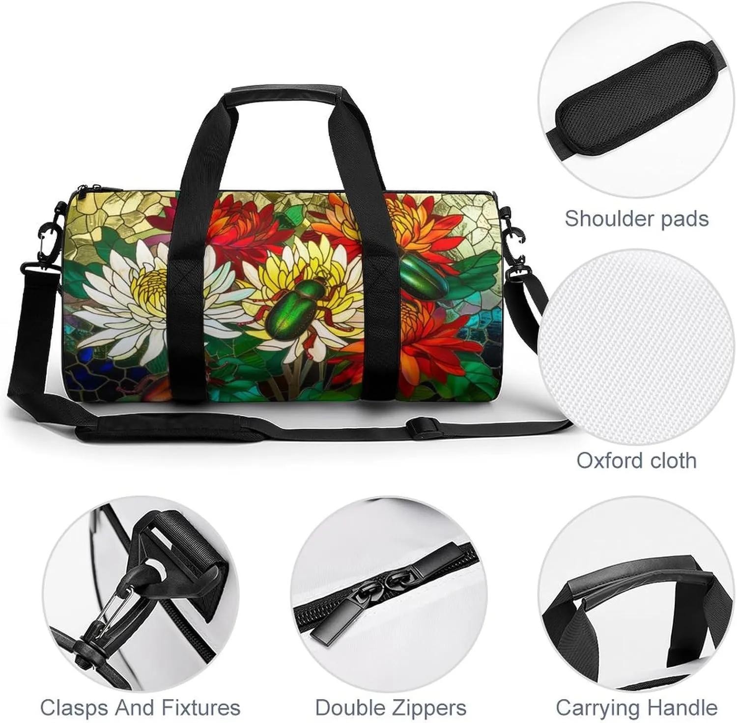 Beetles Scarabs And Flowers Travel Gym Bag for Women Men Floral Stainless Glass Cylindrical Duffle Bag Sport Workout Bag with Shoulder Strap