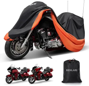 Benlari Waterproof Motorcycle Cover with Side Top Box Compatible with Touring Models Harley Davidson Road King/Street Glide/Road Glide/Electra Glide Outdoor All Weather Protection (116" x 47" x 53")
