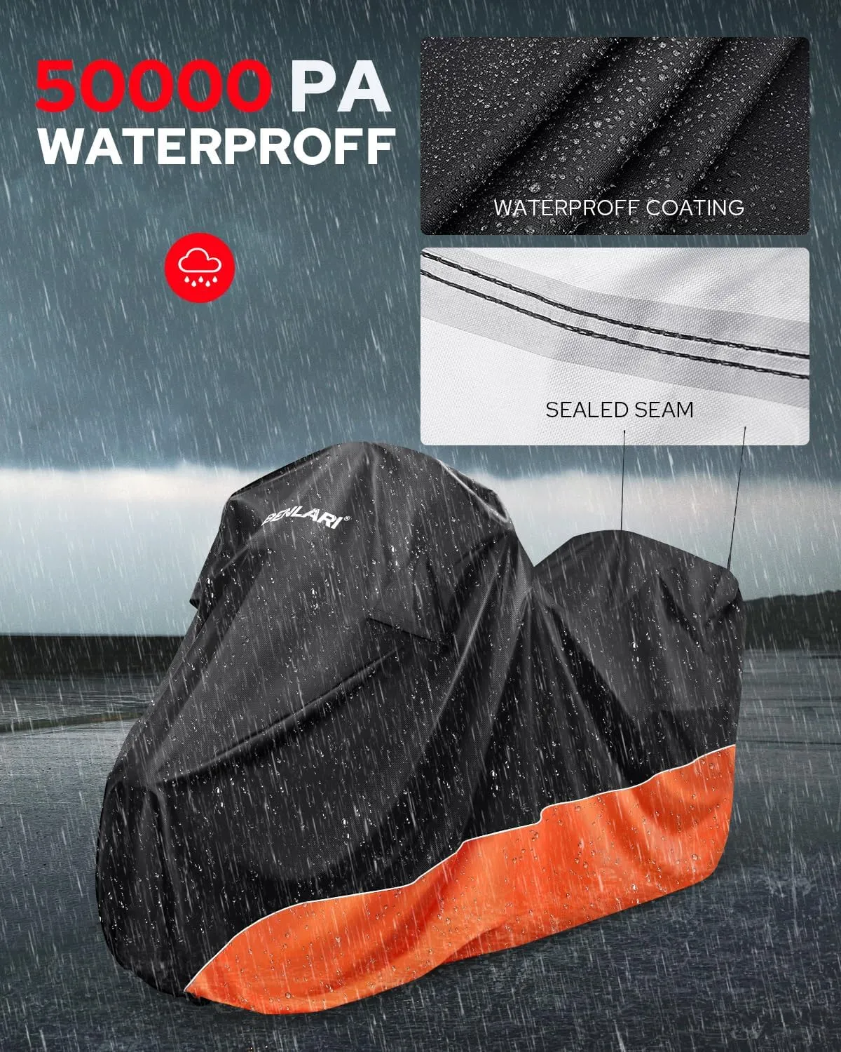 Benlari Waterproof Motorcycle Cover with Side Top Box Compatible with Touring Models Harley Davidson Road King/Street Glide/Road Glide/Electra Glide Outdoor All Weather Protection (116" x 47" x 53")