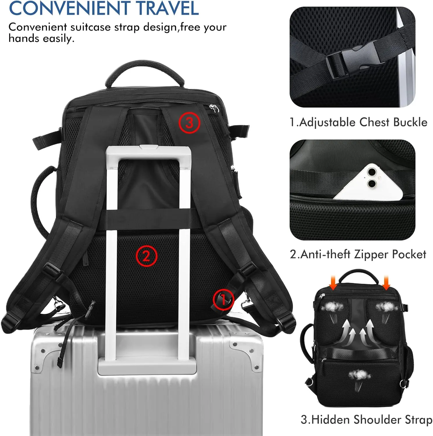 Beraliy Travel Backpack for Men Women, Carry On Backpack, 16 Inch Laptop Backpack, Waterproof Hiking Backpack, Casual Outdoor Daypack College Bag, Black