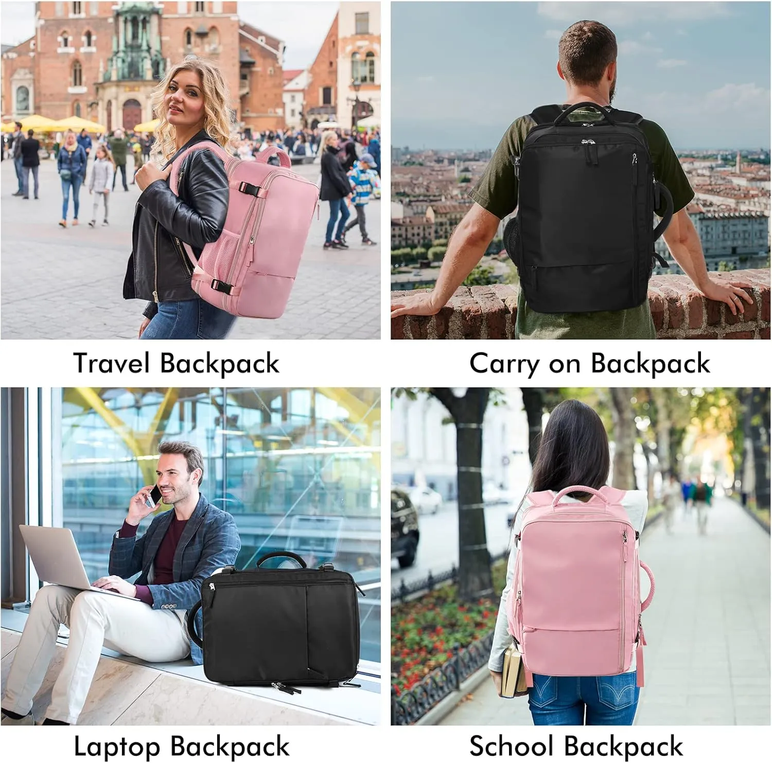 Beraliy Travel Backpack for Men Women, Carry On Backpack, 16 Inch Laptop Backpack, Waterproof Hiking Backpack, Casual Outdoor Daypack College Bag, Black
