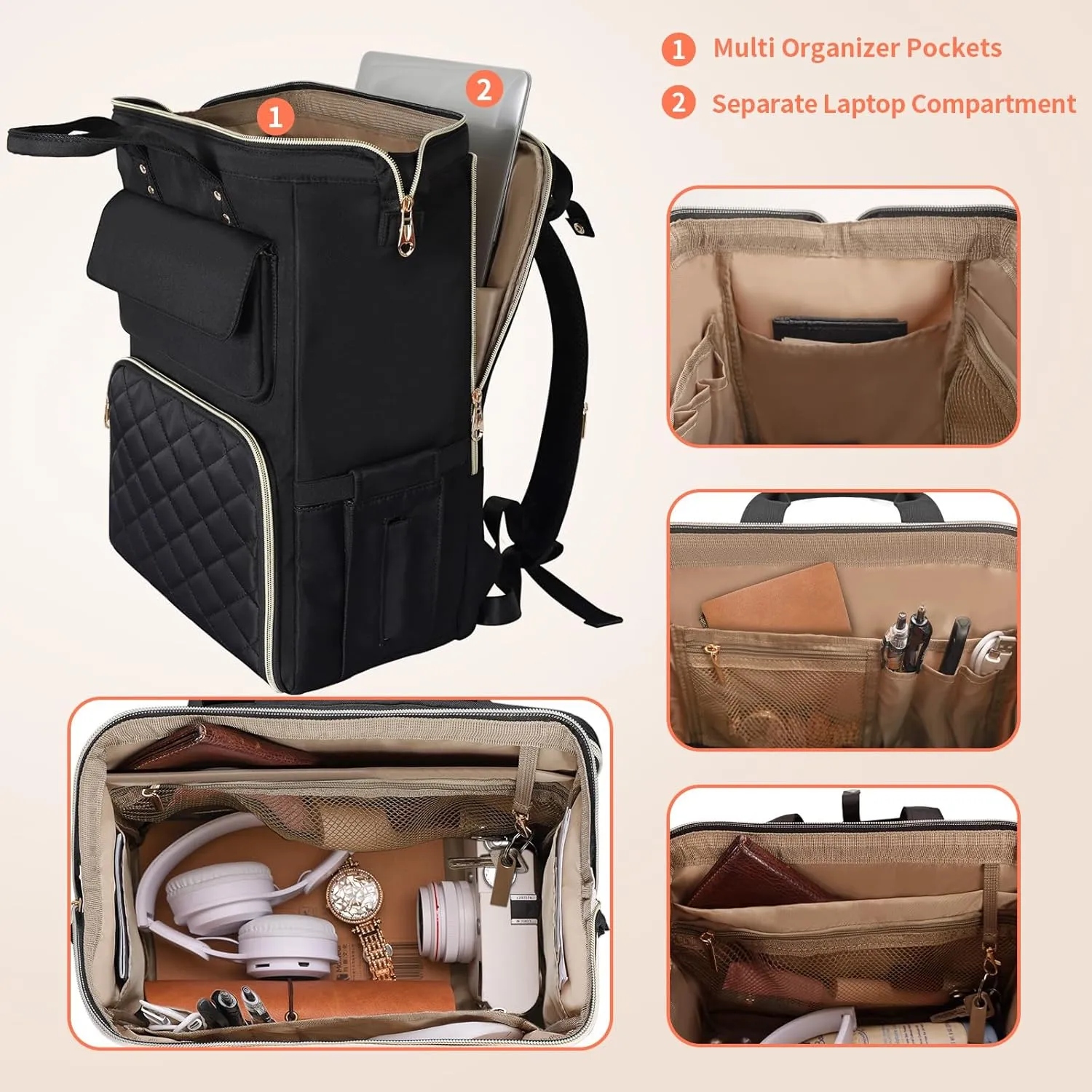 BERTASCHE Lunch Backpack for Women, 15.6 Inch Laptop Backpack with Insulated Cooler Lunch box, Nurse Backpack for Teacher Work Travel College Picnic, Black