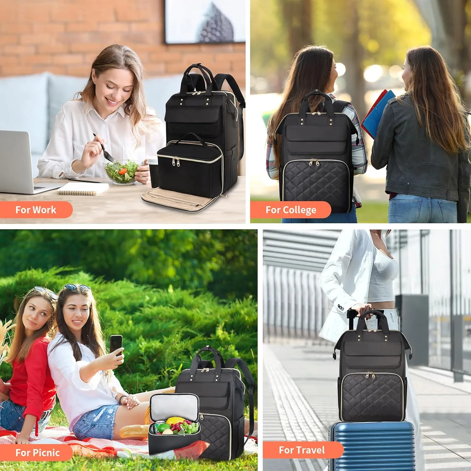 BERTASCHE Lunch Backpack for Women, 15.6 Inch Laptop Backpack with Insulated Cooler Lunch box, Nurse Backpack for Teacher Work Travel College Picnic, Black