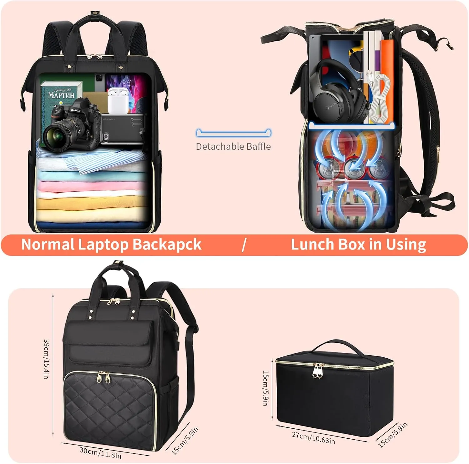 BERTASCHE Lunch Backpack for Women, 15.6 Inch Laptop Backpack with Insulated Cooler Lunch box, Nurse Backpack for Teacher Work Travel College Picnic, Black