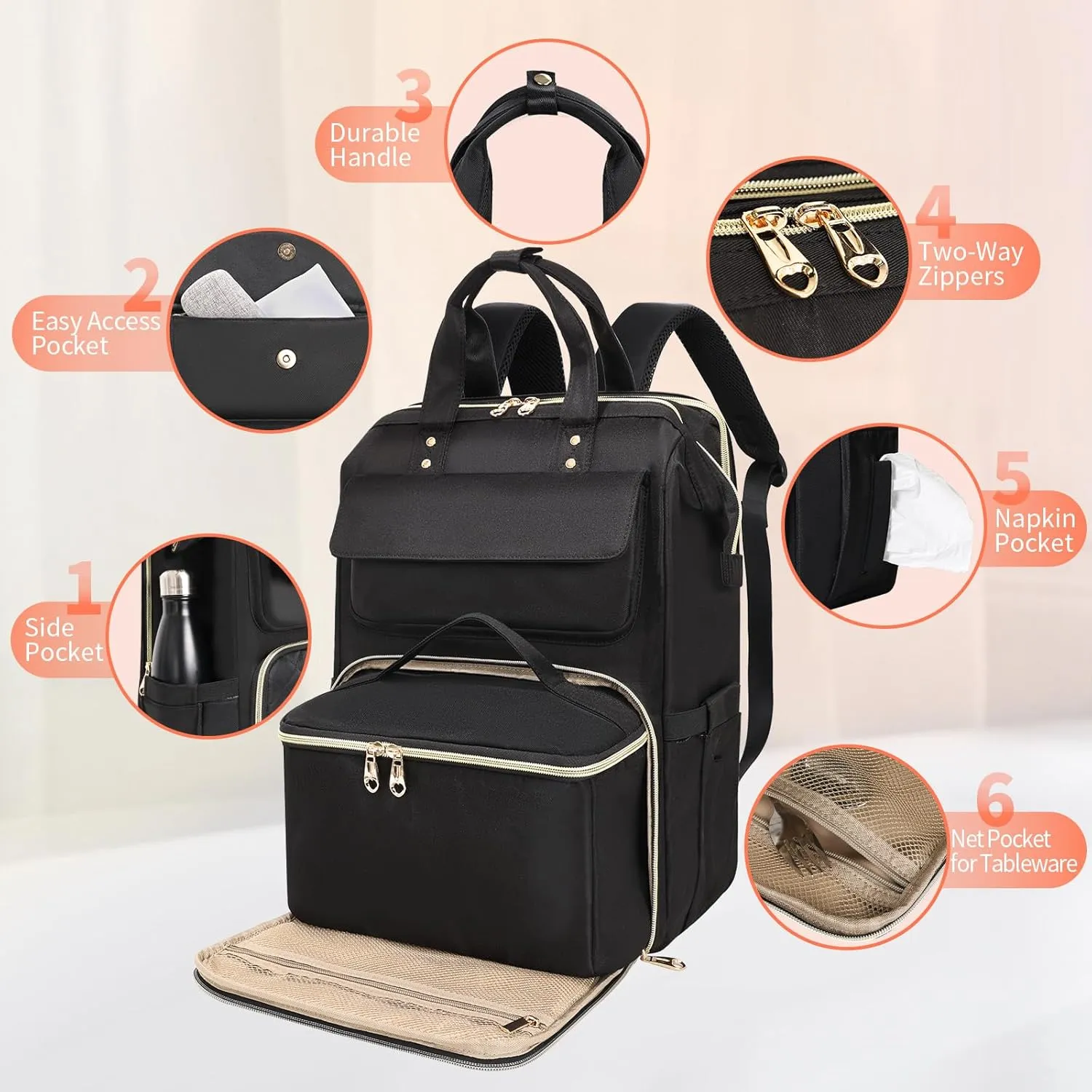 BERTASCHE Lunch Backpack for Women, 15.6 Inch Laptop Backpack with Insulated Cooler Lunch box, Nurse Backpack for Teacher Work Travel College Picnic, Black