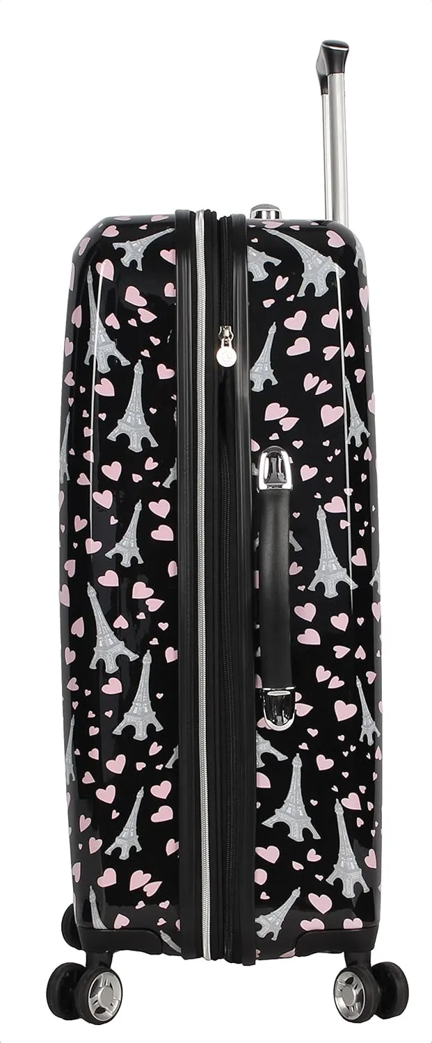 Betsey Johnson 26 Inch Checked Luggage Collection - Expandable Scratch Resistant (ABS   PC) Hardside Suitcase - Designer Lightweight Bag with 8-Rolling Spinner Wheels (Paris Love)