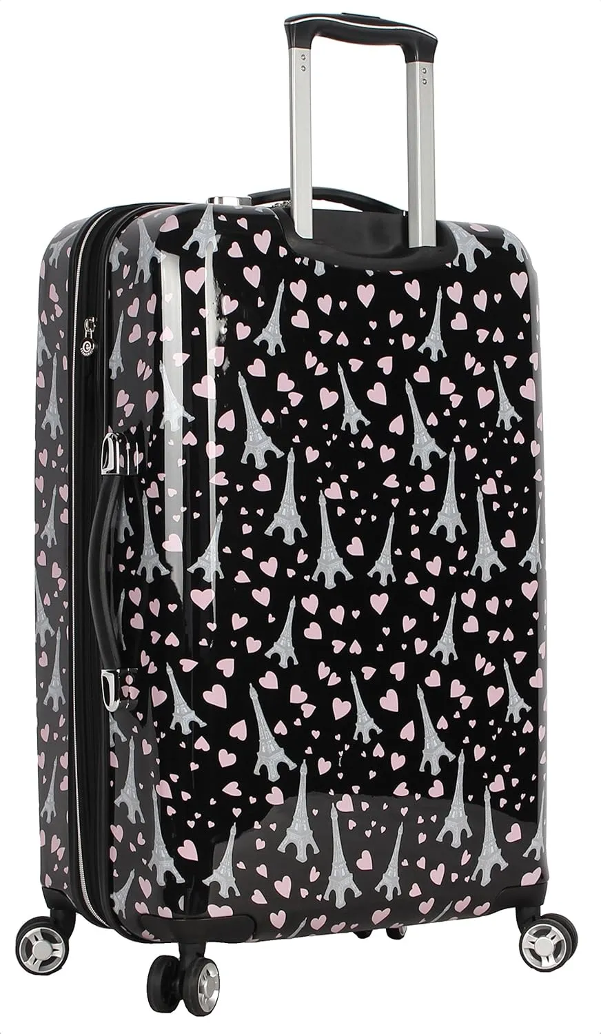 Betsey Johnson 26 Inch Checked Luggage Collection - Expandable Scratch Resistant (ABS   PC) Hardside Suitcase - Designer Lightweight Bag with 8-Rolling Spinner Wheels (Paris Love)