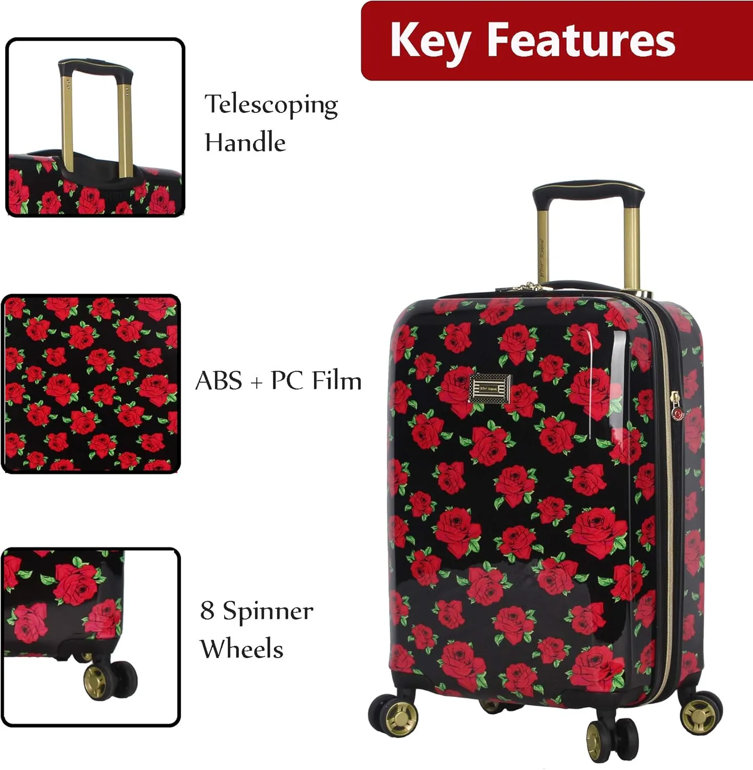 Betsey Johnson Designer 20 Inch Carry On - Expandable (ABS   PC) Hardside Luggage - Lightweight Durable Suitcase With 8-Rolling Spinner Wheels for Women (Covered Roses)