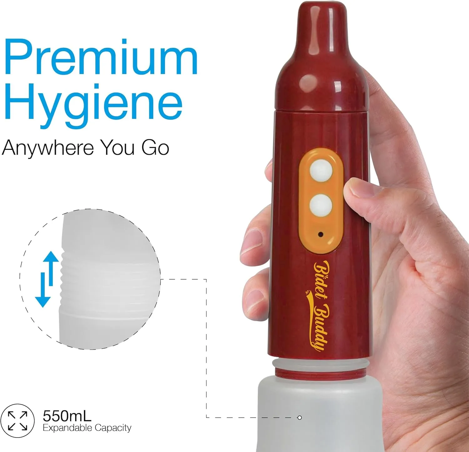 BIDET BUDDY® PureJet Portable Bidet for Travel | 400ml/min Flow | 500mAh Battery | 550ML Bottle | IPX7 Waterproof | USB-C Charging | Compact & High-Powered with Strong Pressure (Maroon)
