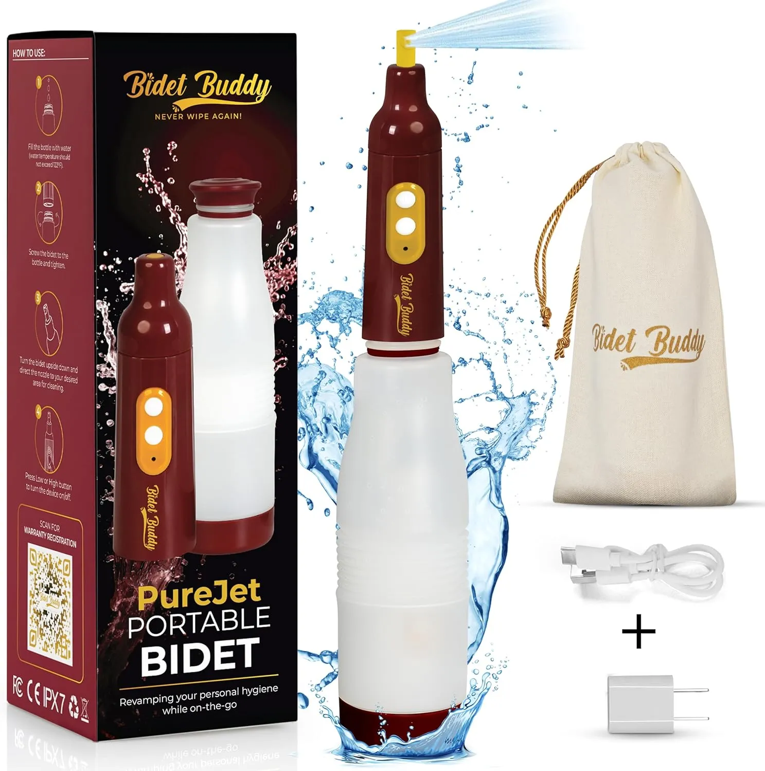 BIDET BUDDY® PureJet Portable Bidet for Travel | 400ml/min Flow | 500mAh Battery | 550ML Bottle | IPX7 Waterproof | USB-C Charging | Compact & High-Powered with Strong Pressure (Maroon)