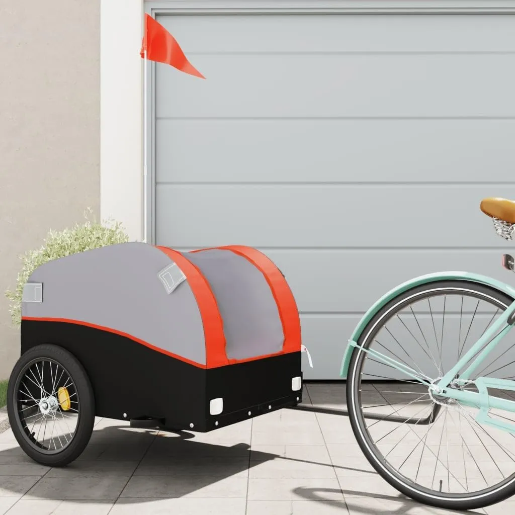 Bike Trailer with High Load Capacity for Transporting Goods, Black and Orange, Iron and Fabric Construction