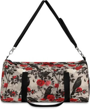 Black Crow Flower Duffel Bag, Witchy Cottagecore Gym Bag for Women, Gothic Floral Large Shoulder Travel Weekend Carry Bag