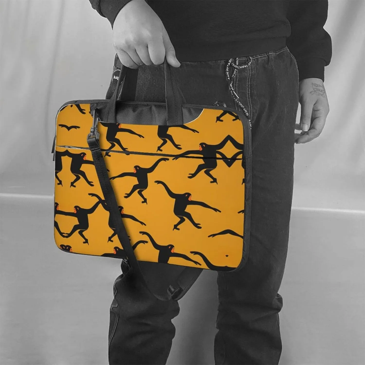 Black Gibbon Monkey Print Trendy Oxford Cloth Laptop Bag - Versatile Laptop Case,Messenger Bag, Shoulder Bag