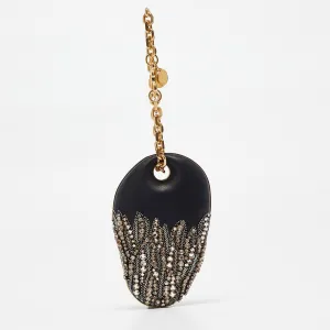 Black Leather Embellished Clam Chain Clutch