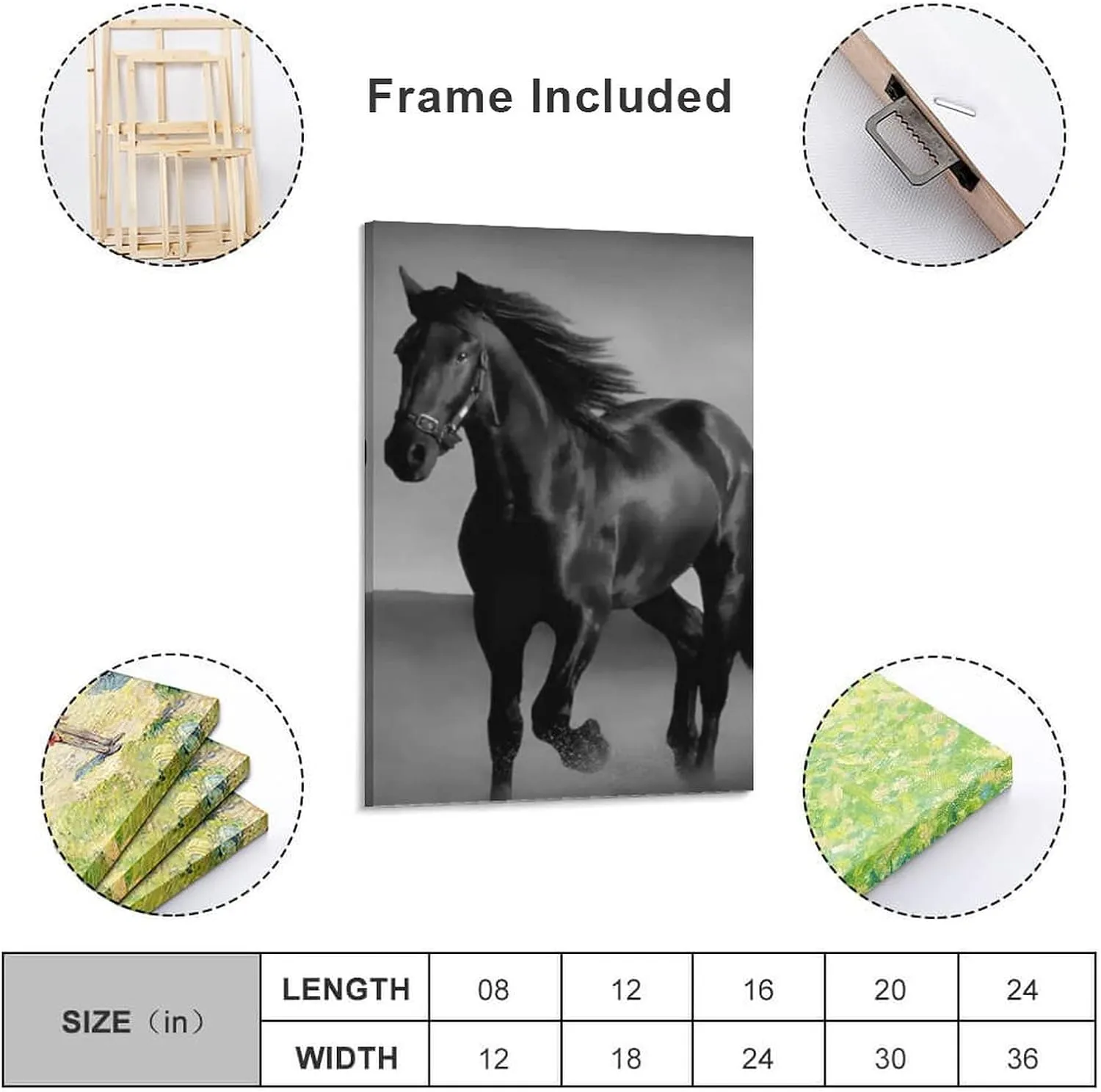 Black Mustang Brown Horse Running in The Prairie Black Unique Home Office Art Posters (2)(1) Canvas Wall Art Prints for Wall Decor Room Decor Bedroom Decor Gifts 16x24inch(40x60cm) Frame-Style