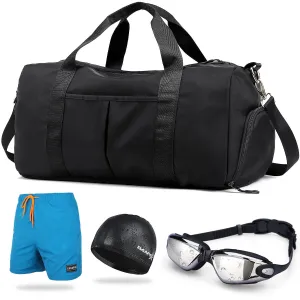 Black Sports Gym Bag & Swimming PU Cap & Anti-Fog UV Goggles & Trunks for Men AU