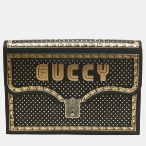 Black/Gold Leather Printed GUCCY Portfolio Clutch