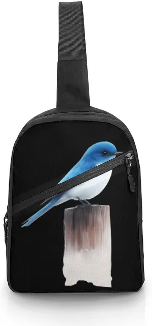 Blue Bird Perched on Stump Chest Bag Foldable Crossbody Unisex Pack Travel Hiking Adjustable Shoulder Straps Sling Bags