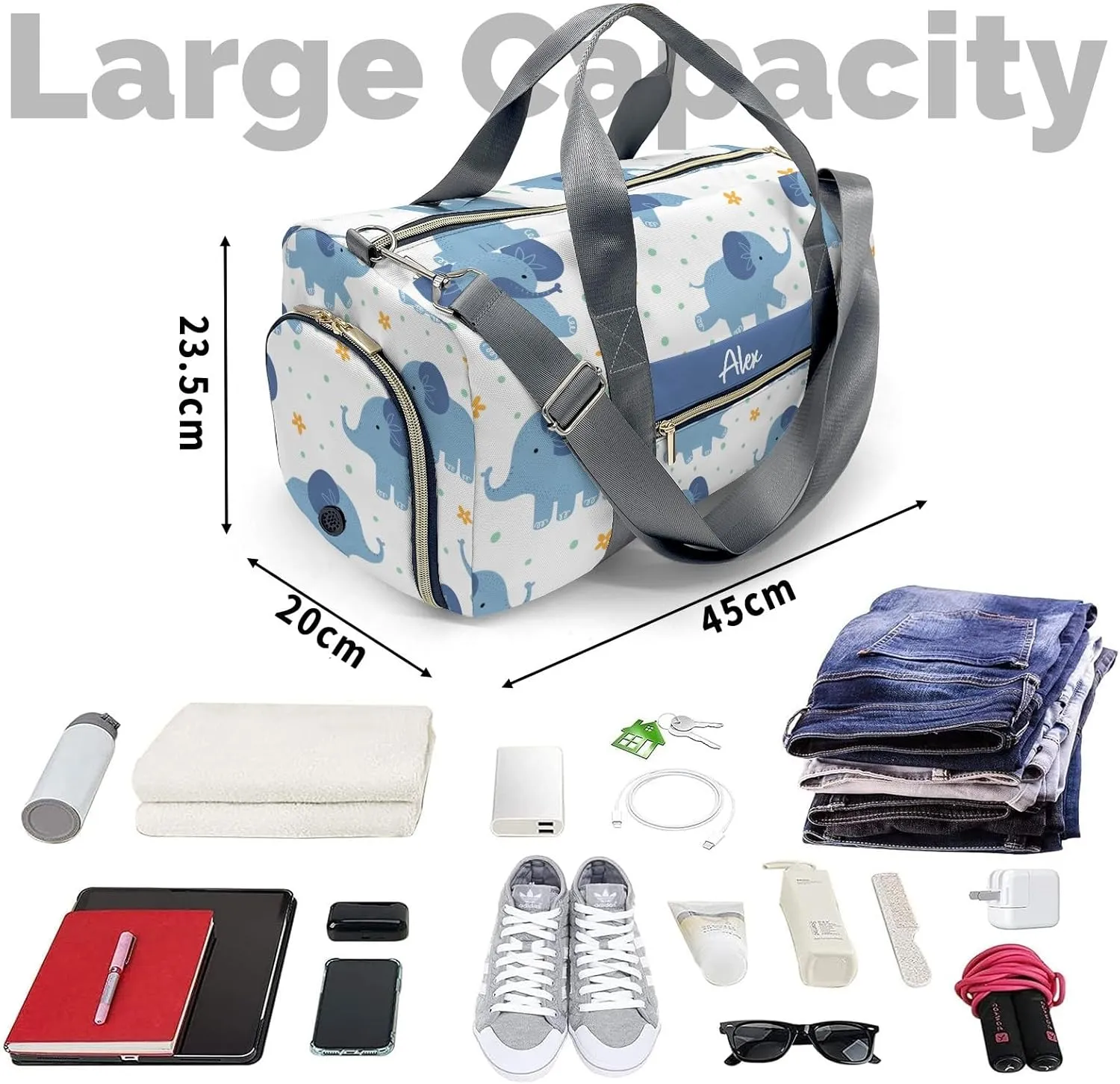 Blue Elephant Personalized Duffel Bag,Custom Travel Gym Bag with Name,Waterproof Sports Overnight Bag with Shoe Compartment & Shoulder Strap