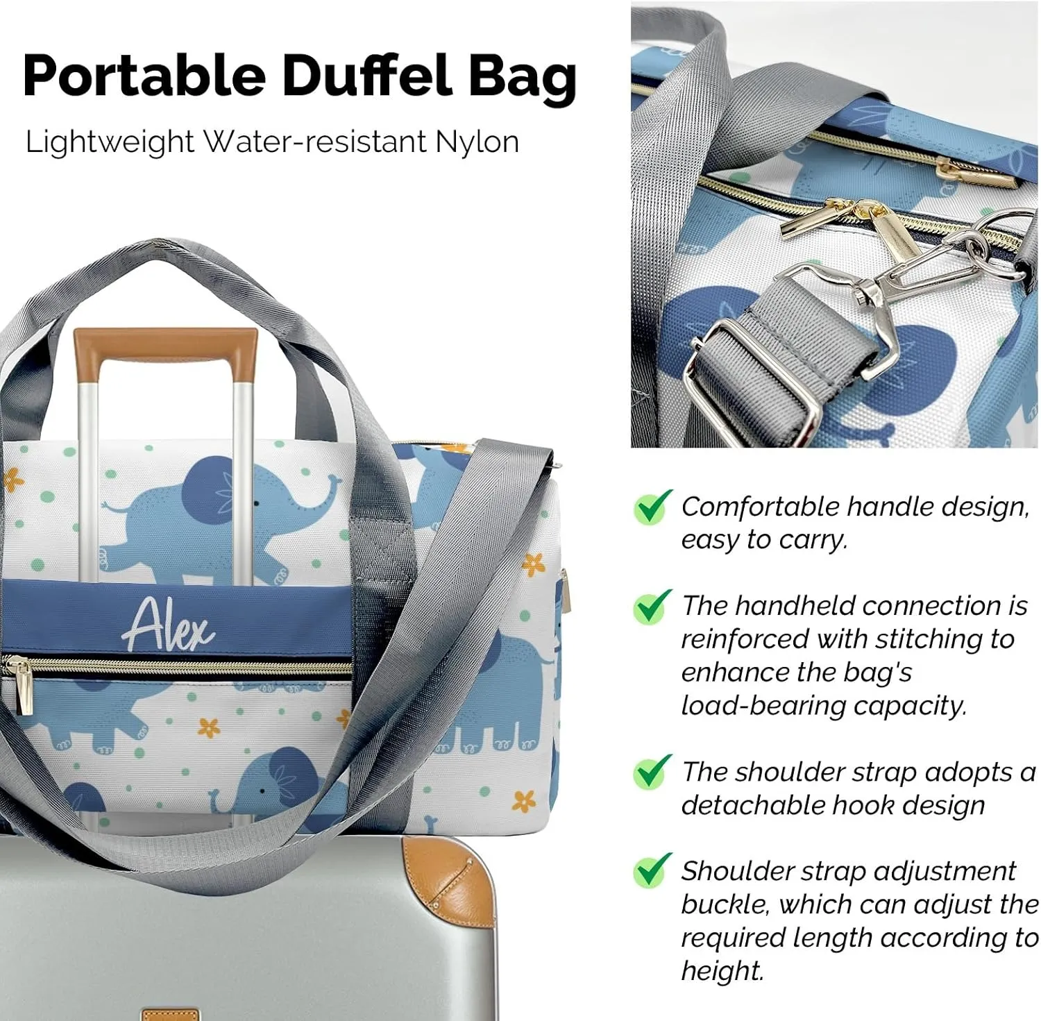 Blue Elephant Personalized Duffel Bag,Custom Travel Gym Bag with Name,Waterproof Sports Overnight Bag with Shoe Compartment & Shoulder Strap