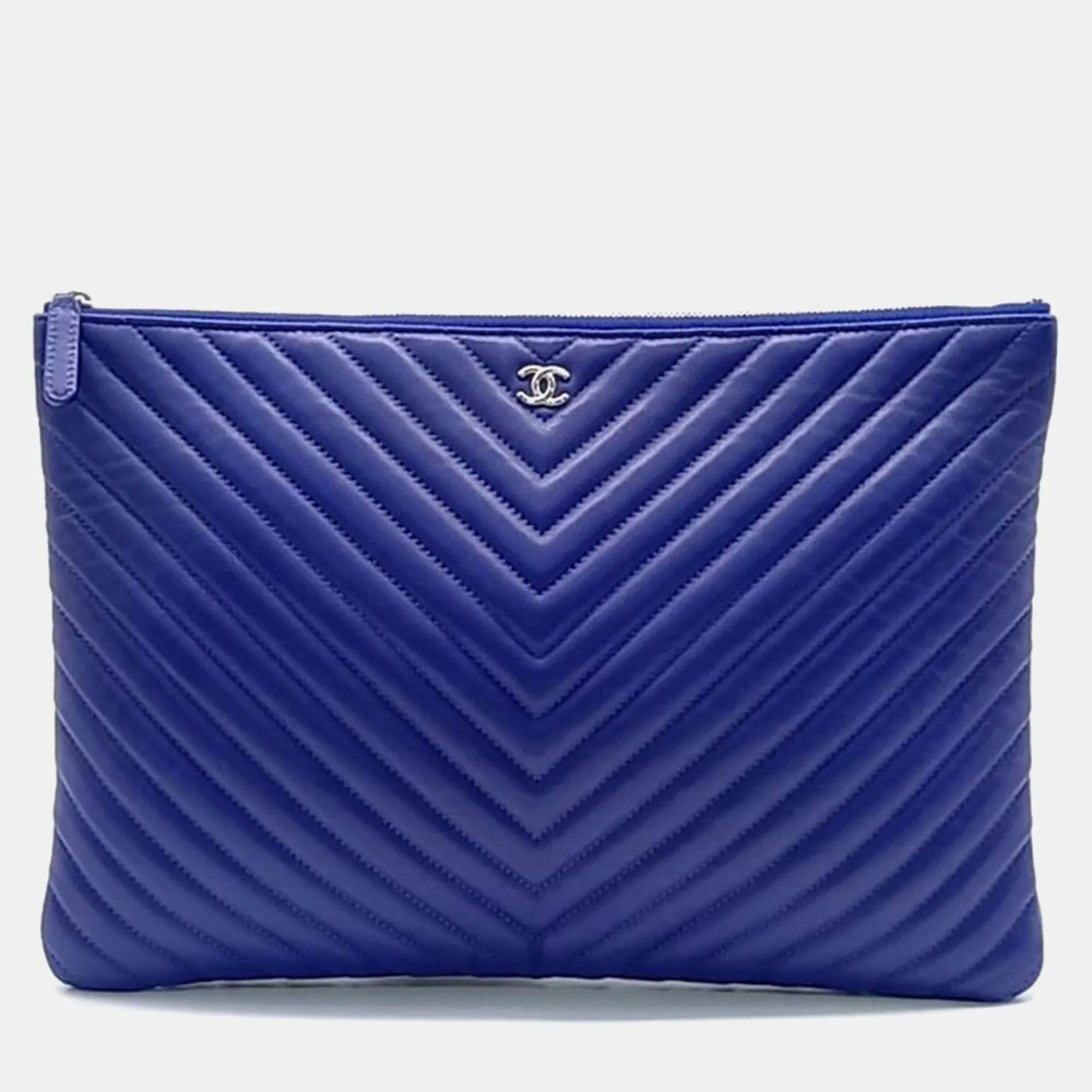 Blue Leather Chevron Clutch Bag