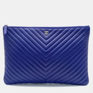 Blue Leather Chevron Clutch Bag