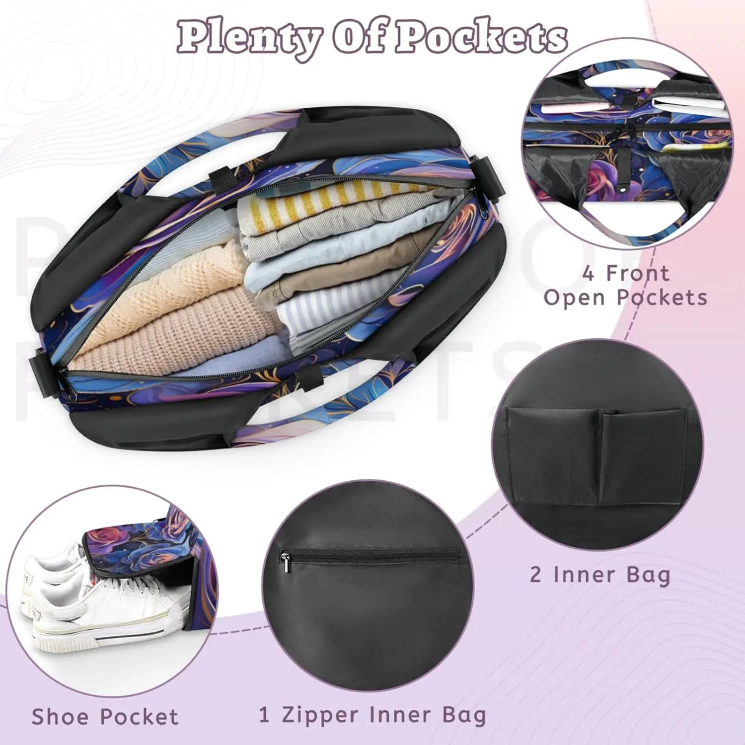 Blue Purple Rose Design Waterproof Gym Bag for Men Women, Sports Duffel Bag with Shoe Compartment Yoga Mat Holder, Portable Large Travel Bag for Fitness, Camping, Weekend Trips