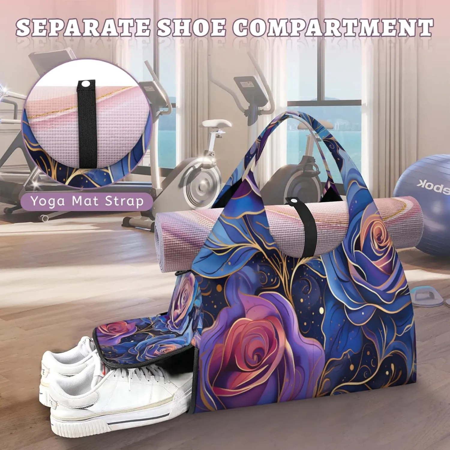 Blue Purple Rose Design Waterproof Gym Bag for Men Women, Sports Duffel Bag with Shoe Compartment Yoga Mat Holder, Portable Large Travel Bag for Fitness, Camping, Weekend Trips