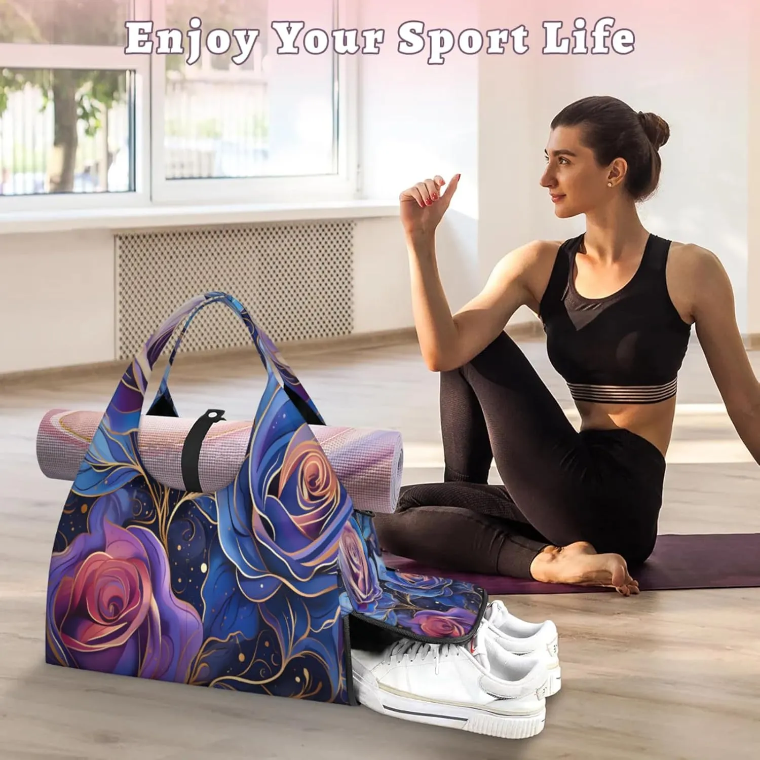 Blue Purple Rose Design Waterproof Gym Bag for Men Women, Sports Duffel Bag with Shoe Compartment Yoga Mat Holder, Portable Large Travel Bag for Fitness, Camping, Weekend Trips