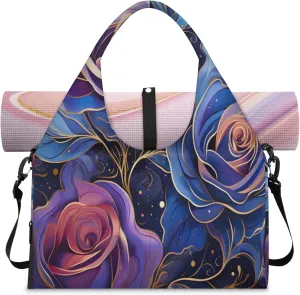 Blue Purple Rose Design Waterproof Gym Bag for Men Women, Sports Duffel Bag with Shoe Compartment Yoga Mat Holder, Portable Large Travel Bag for Fitness, Camping, Weekend Trips