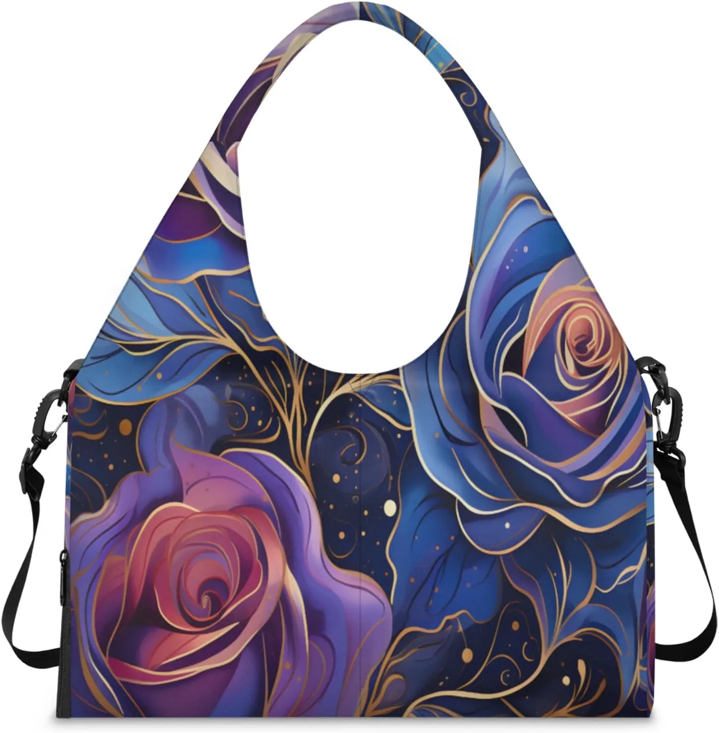 Blue Purple Rose Design Waterproof Gym Bag for Men Women, Sports Duffel Bag with Shoe Compartment Yoga Mat Holder, Portable Large Travel Bag for Fitness, Camping, Weekend Trips