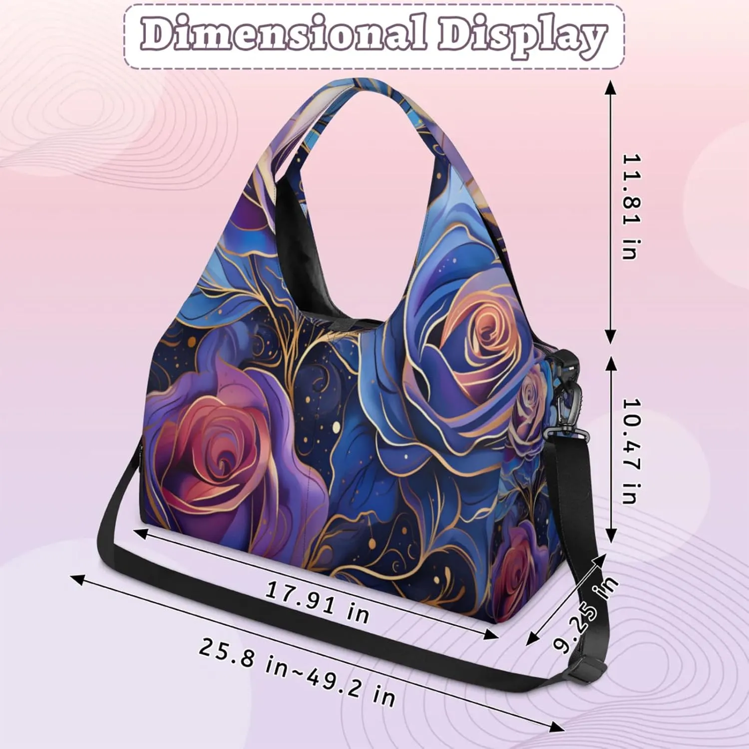Blue Purple Rose Design Waterproof Gym Bag for Men Women, Sports Duffel Bag with Shoe Compartment Yoga Mat Holder, Portable Large Travel Bag for Fitness, Camping, Weekend Trips