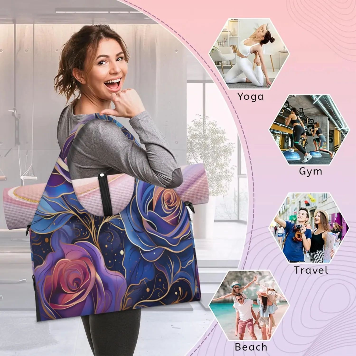 Blue Purple Rose Design Waterproof Gym Bag for Men Women, Sports Duffel Bag with Shoe Compartment Yoga Mat Holder, Portable Large Travel Bag for Fitness, Camping, Weekend Trips