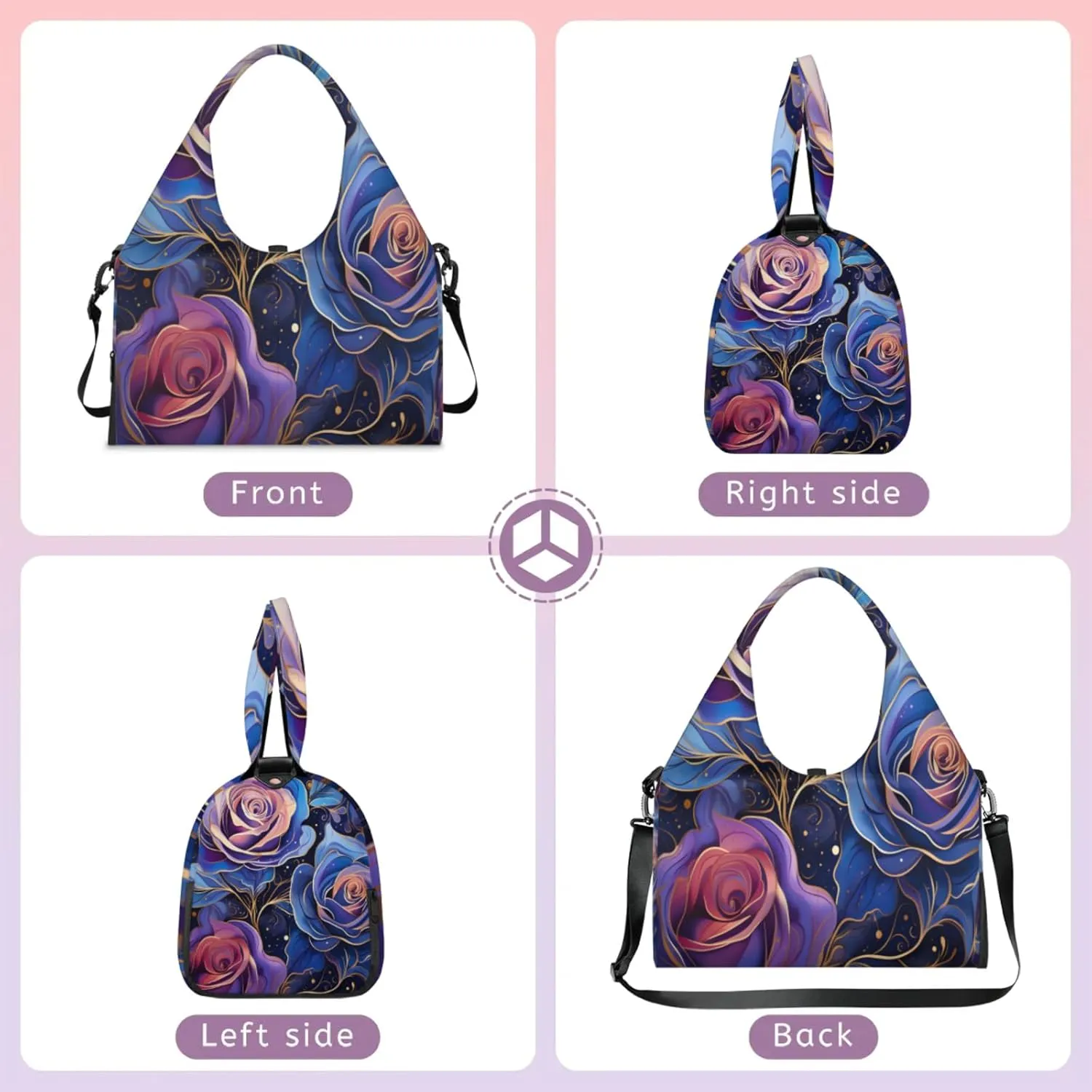 Blue Purple Rose Design Waterproof Gym Bag for Men Women, Sports Duffel Bag with Shoe Compartment Yoga Mat Holder, Portable Large Travel Bag for Fitness, Camping, Weekend Trips