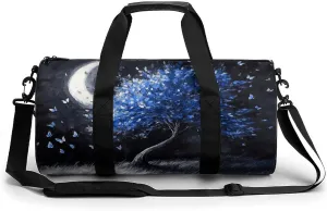 Blue Tree in The Crescent Moonlight Travel Gym Bag for Women Men Cylindrical Duffle Bag Sport Workout Bag with Shoulder Strap