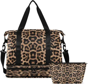 Bolaz Leopard Print Gym, Travel, Business, Yoga Duffel Bag with Wet Pocket, Shoes Compartment, Toiletry Bag, 17.3 x 8.7 x 15.5 inches
