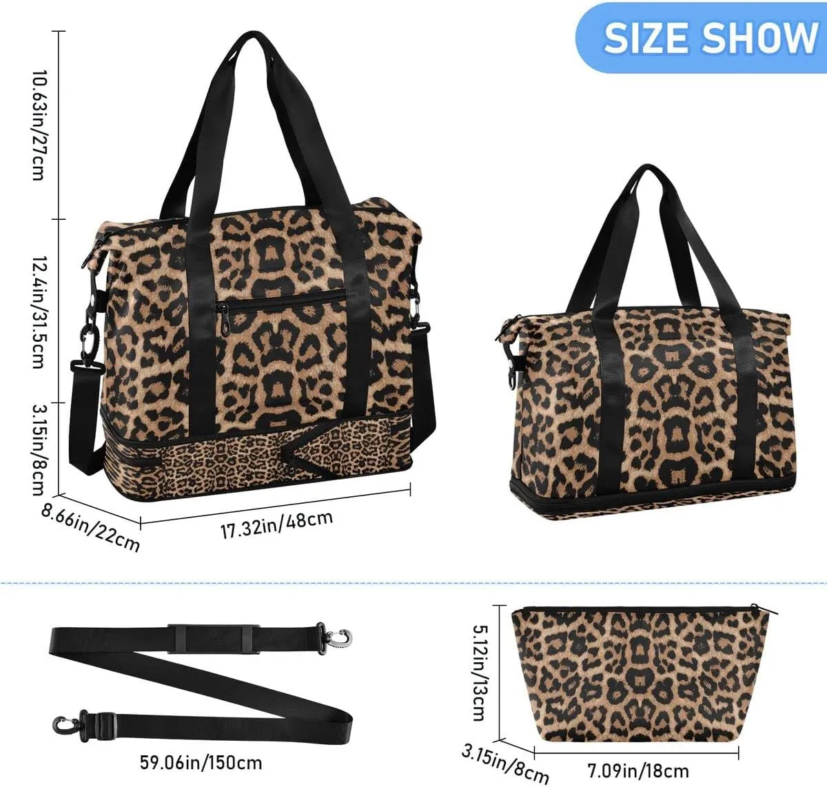 Bolaz Leopard Print Gym, Travel, Business, Yoga Duffel Bag with Wet Pocket, Shoes Compartment, Toiletry Bag, 17.3 x 8.7 x 15.5 inches