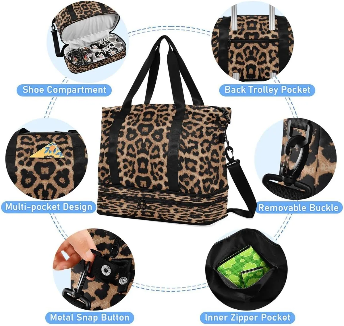 Bolaz Leopard Print Gym, Travel, Business, Yoga Duffel Bag with Wet Pocket, Shoes Compartment, Toiletry Bag, 17.3 x 8.7 x 15.5 inches