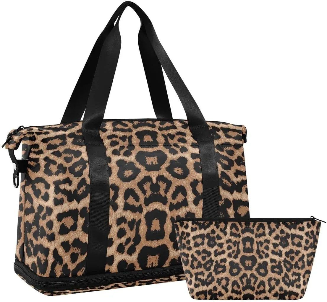 Bolaz Leopard Print Gym, Travel, Business, Yoga Duffel Bag with Wet Pocket, Shoes Compartment, Toiletry Bag, 17.3 x 8.7 x 15.5 inches