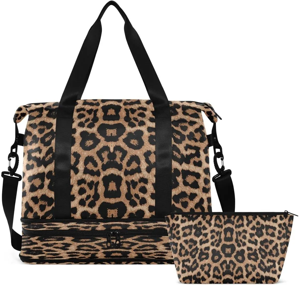 Bolaz Leopard Print Gym, Travel, Business, Yoga Duffel Bag with Wet Pocket, Shoes Compartment, Toiletry Bag, 17.3 x 8.7 x 15.5 inches