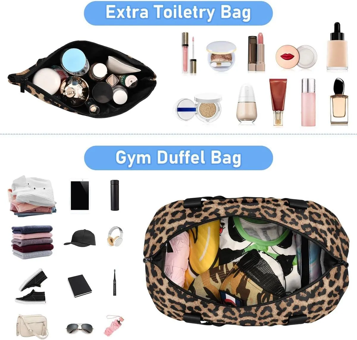 Bolaz Leopard Print Gym, Travel, Business, Yoga Duffel Bag with Wet Pocket, Shoes Compartment, Toiletry Bag, 17.3 x 8.7 x 15.5 inches