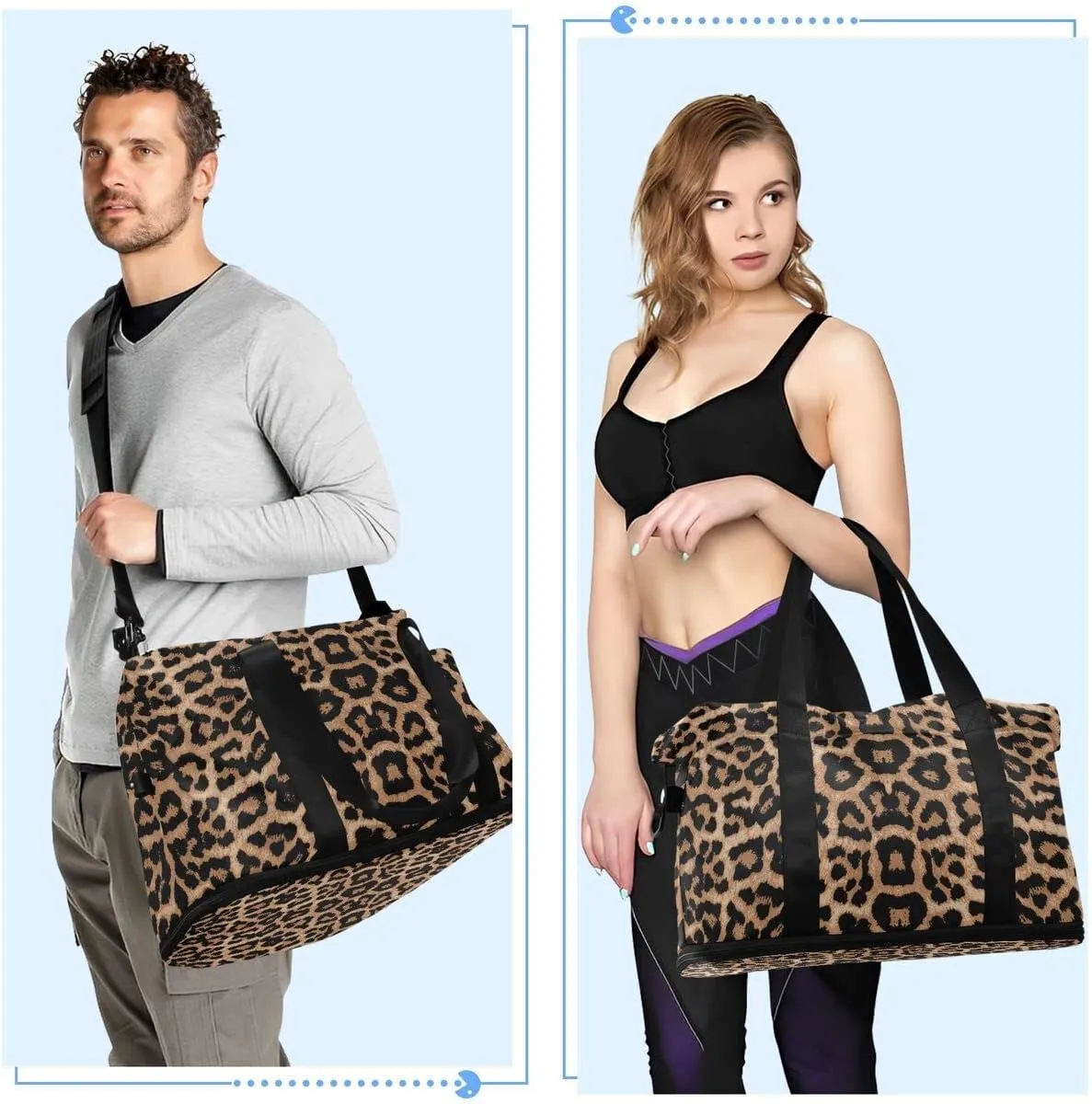 Bolaz Leopard Print Gym, Travel, Business, Yoga Duffel Bag with Wet Pocket, Shoes Compartment, Toiletry Bag, 17.3 x 8.7 x 15.5 inches
