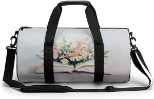 Book Open with Flowers Travel Gym Bag for Women Men Cylindrical Duffle Bag Sport Workout Bag with Shoulder Strap