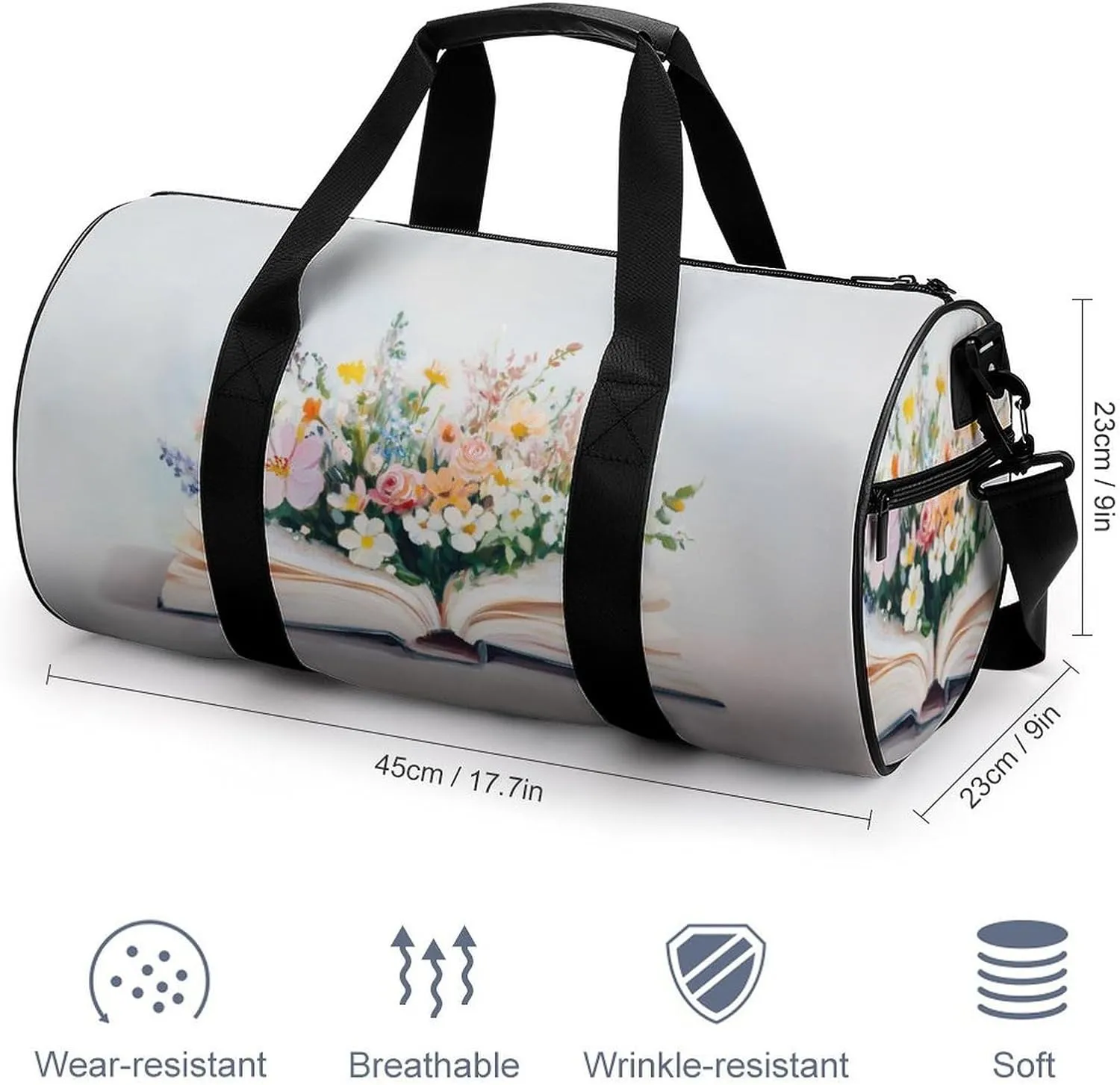 Book Open with Flowers Travel Gym Bag for Women Men Cylindrical Duffle Bag Sport Workout Bag with Shoulder Strap