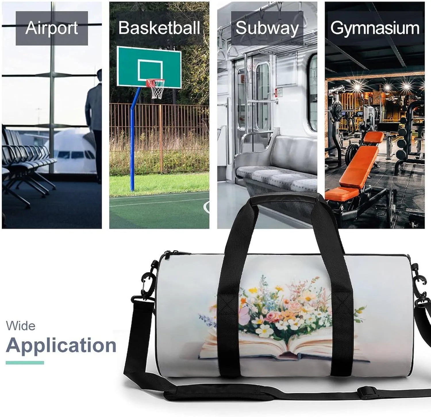 Book Open with Flowers Travel Gym Bag for Women Men Cylindrical Duffle Bag Sport Workout Bag with Shoulder Strap